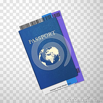 Passport with globe on blue cover and tickets inside realistic templates. Documents for travel abroad. Cartoon Illustration