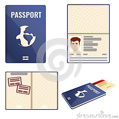 Passport icons set, cartoon style Vector Illustration