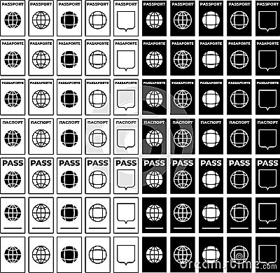 Passport icons set in different designs and languages (Vector) Vector Illustration