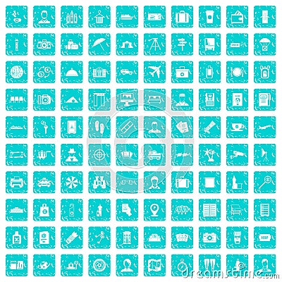 100 passport icons set grunge blue Vector Illustration