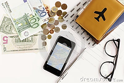 Passport money phone with map and glasses on white background, Stock Photo