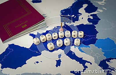Passport over a Map of the of the 26 countries that compose the Schengen Zone Stock Photo