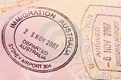 Passport page with the immigration control of Australia stamps. Stock Photo