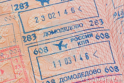 Passport page with the immigration control stamps of the Domodedovo airport in Moscow, Russia. Stock Photo