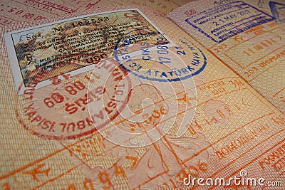 Passport page with Turkey visa and immigration control stamps. Stock Photo