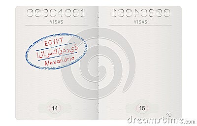 Passport pages. With stamp of Alexandria, Egypt Vector Illustration