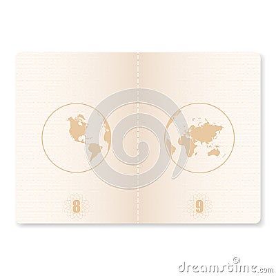 Passport pages for stamps. Open blank passport with watermark. Vector. Vector Illustration