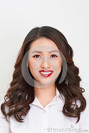 Passport photo. Portrait of asian smiling woman. Stock Photo