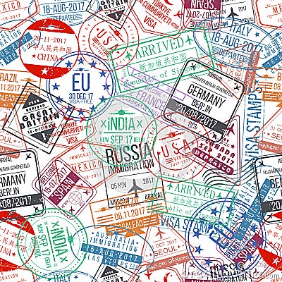 Passport stamp seamless pattern. International arrivals sign rubber, visa stamps Vector Illustration