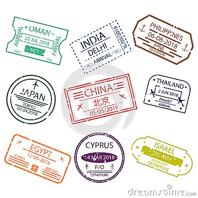 Passport stamp or visa signs for entry to the different countries Asia. International Airport symbols Vector Illustration