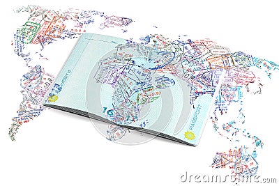 Passport stamps of different visa country in form of world map. Travel, tourism and immigration concept background Cartoon Illustration