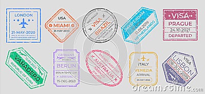 Passport stamps. International travel visa marking, business travel and immigration vintage labels. Vector airport stamp Vector Illustration