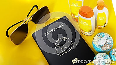 Passport, sunglasses, sun cream, globes on yellow background. 3D illustration Cartoon Illustration