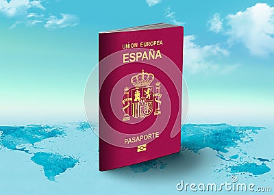 Spain Passport on world map with clouds in background Stock Photo