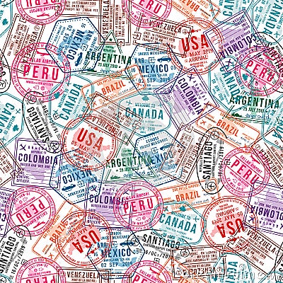 Passport visa stamps, seamless pattern. International and immigration office rubber stamps. Traveling and tourism Vector Illustration