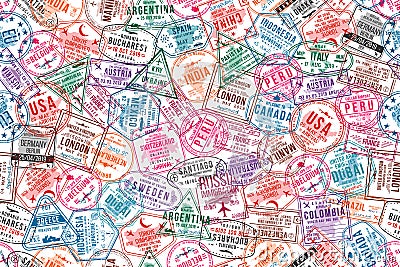 Passport visa stamps, seamless pattern. International and immigration office rubber stamps. Traveling and tourism concept Vector Illustration