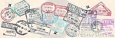 Passport visas stamps on sepia textured, vintage travel collage background Stock Photo