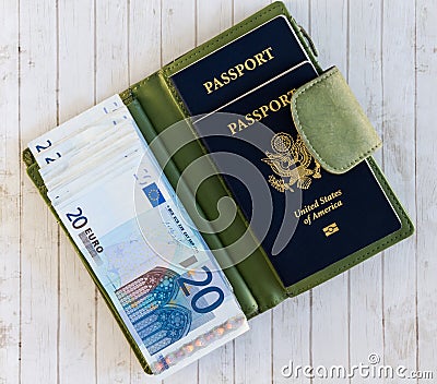 Passports, Euros, and Green Wallet Stock Photo