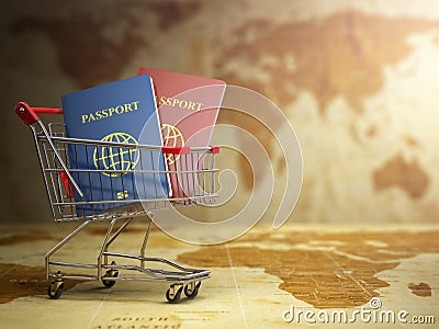 Passports in shopping cart. Paperwork to emigrate. Stock Photo