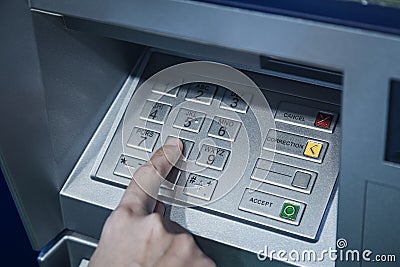 Password code protection Hand on button number Banking security system Stock Photo