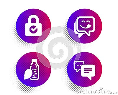 Password encryption, Water bottle and Yummy smile icons set. Dots message sign. Vector Vector Illustration