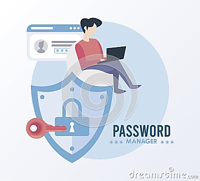 password manager theme with man using laptop and padlock in shield Vector Illustration