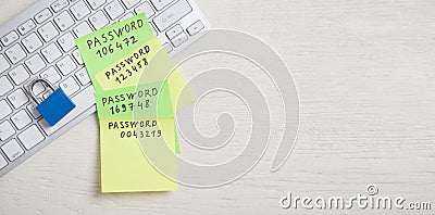 Password message written on sticky notes. Padlock on the keyboard. Password security Stock Photo