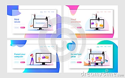 Password Phishing, Hacker Attack Landing Page Template Set. Hackers Steal Personal Data. Internet Security on Website Vector Illustration