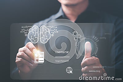 password privacy authentication and authentication, access to cybersecurity information,Businessman logging into cyberspace Stock Photo