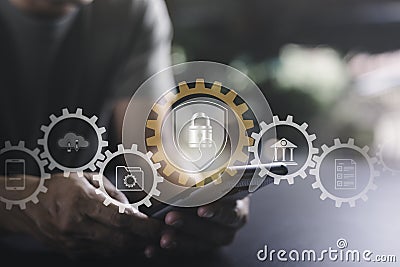 password privacy authentication and authentication, access to cybersecurity information,Businessman logging into cyberspace Stock Photo