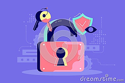 Password security icon of key, protection and open lock. Cartoon Illustration