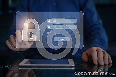 Password and username login page, secure access on internet. Online user authentication sign-in, cyber security, data protection. Stock Photo