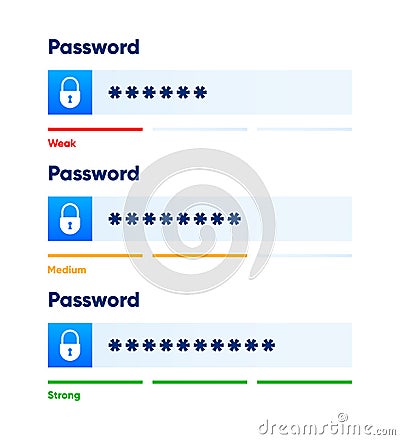 Password weak, medium and strong. Password form template for website and programs. Digital security bar. Safety Vector Illustration