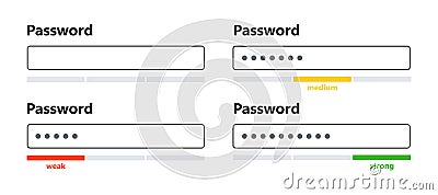 Password weak, medium and strong interface. Password form template for website. Digital security bar. Safety requirement Vector Illustration