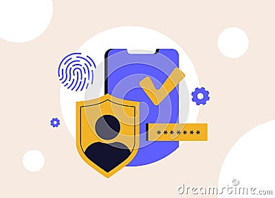 Passwordless authentication. Zero Sign-On, Shield, sign-in form, password and biometric authentication with fingerprint Vector Illustration