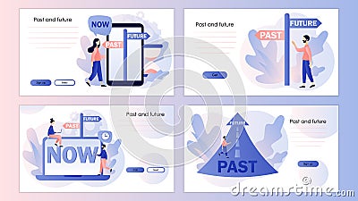 Past and future concept. Tiny people choice between past and future. Business alternative. Move forward. Screen template Vector Illustration