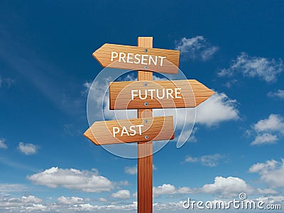 Past ,present and future sign board. Stock Photo