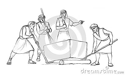 Pencil drawing. Ancient builders lifting stone Stock Photo