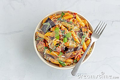 Pasta alla norma, Traditional Sicilian pasta dish with eggplant Stock Photo