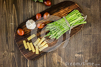 Pasta, asparagus and other vegetables Stock Photo