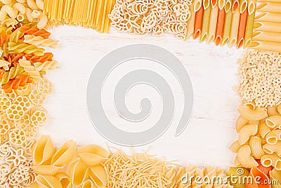 Pasta background decorative frame of assortment different kinds italian macaroni. Mock up restaurant menu. Stock Photo