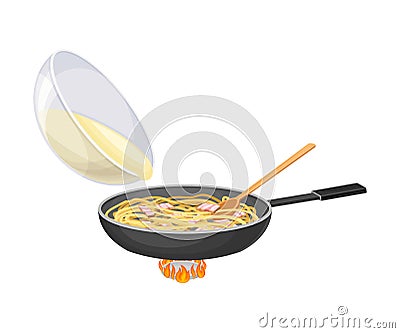 Pasta with Bacon Slices in Frying Pan on Burner and Egg Liquid Pouring Inside as Carbonara Cooking Step Vector Vector Illustration