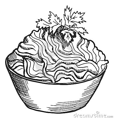 Pasta bowl sketch. Tasty meal dish engraving Vector Illustration