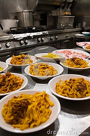 Pasta bowls in a restaurant in Bologna Stock Photo