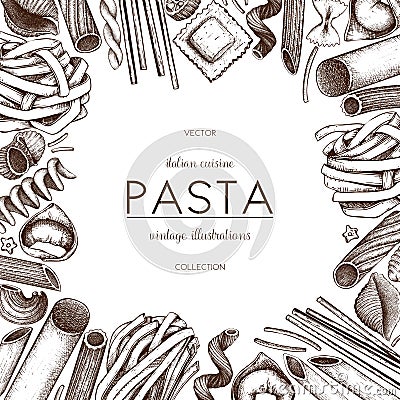 Vector menu template with traditional Italian pasta. Hand drawn food sketch. Vintage card or invitation design for cafe or restau Stock Photo