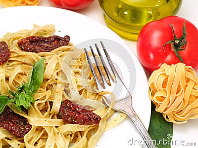 Pasta Collection - Tagliatelle with Salmon, Basil and Dried Tomatoes Stock Photo