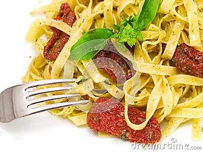 Pasta Collection - Tagliatelle with Salmon, Basil and Dried Tomatoes Stock Photo