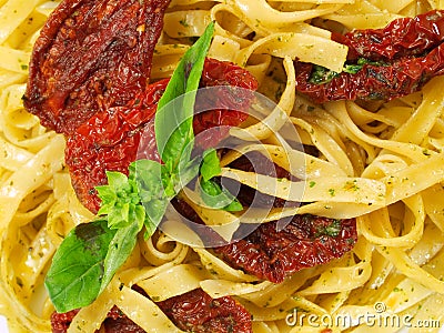 Pasta Collection - Tagliatelle with Salmon, Basil and Dried Tomatoes Stock Photo