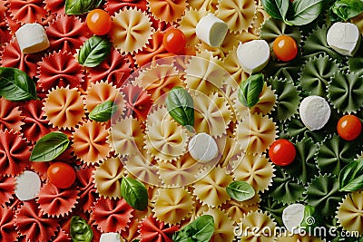 Pasta colored farfalle salad with tomatoes, mozzarella and basil Stock Photo