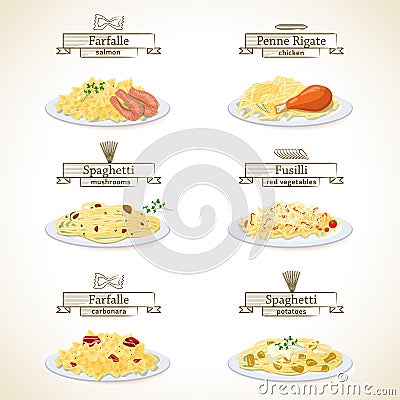 Pasta dishes set Vector Illustration